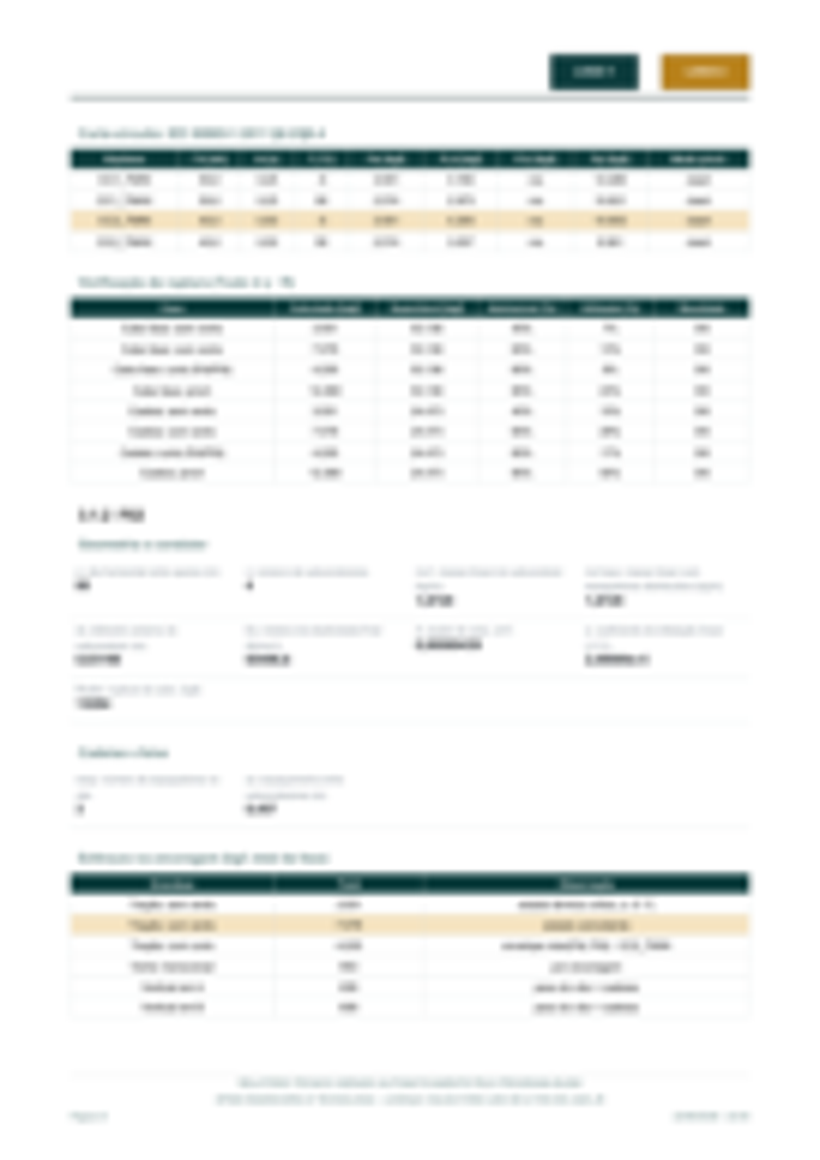 Página de cálculo do relatório, com tabelas de curto-circuito e verificação de ruptura.